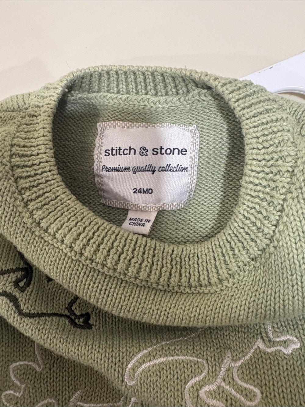 Kids Dinosaur Embroidered Knit Sweater - Sage Green - Picture 3 of 4